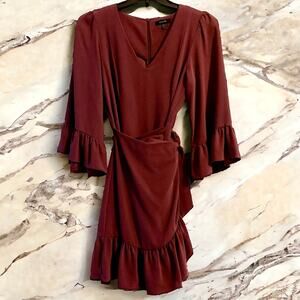 Drew Mai Drape Sleeve & Ruffle Mini Dress Small Women Burgundy Wine Tie Wrap
